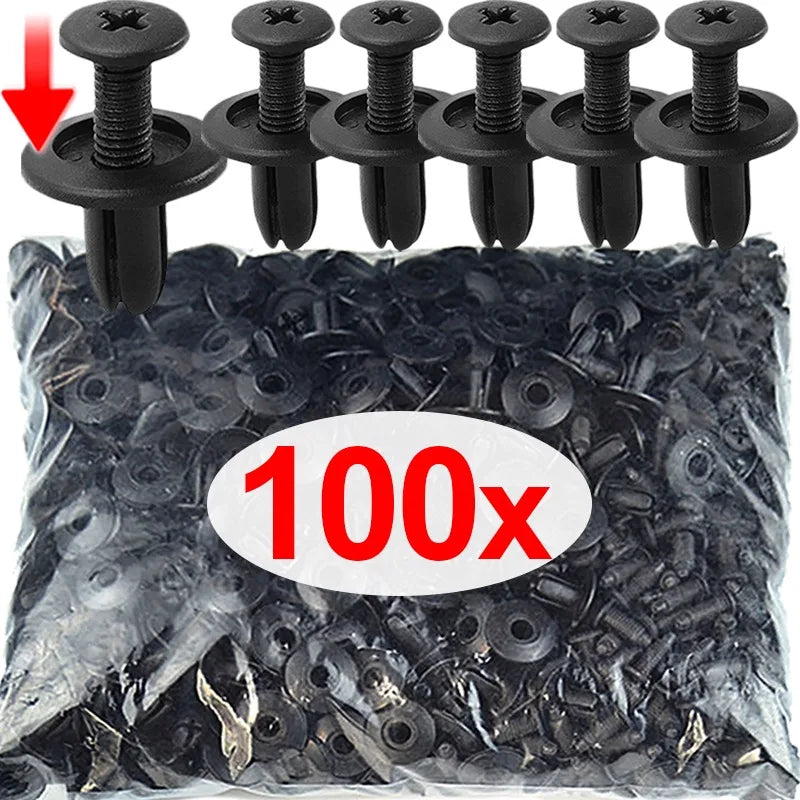A pile of heavy-duty black plastic fasteners for automotive and DIY projects, with a red arrow pointing to a single fastener.