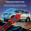 An orange digital car circuit tester is shown against a blurred background of a silver SUV, illustrating overload protection 
