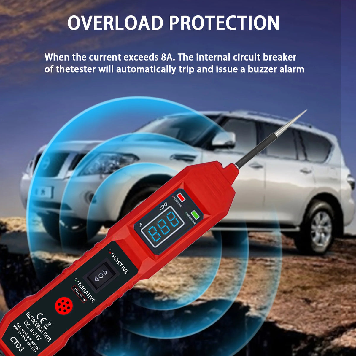 An orange digital car circuit tester is shown against a blurred background of a silver SUV, illustrating overload protection 
