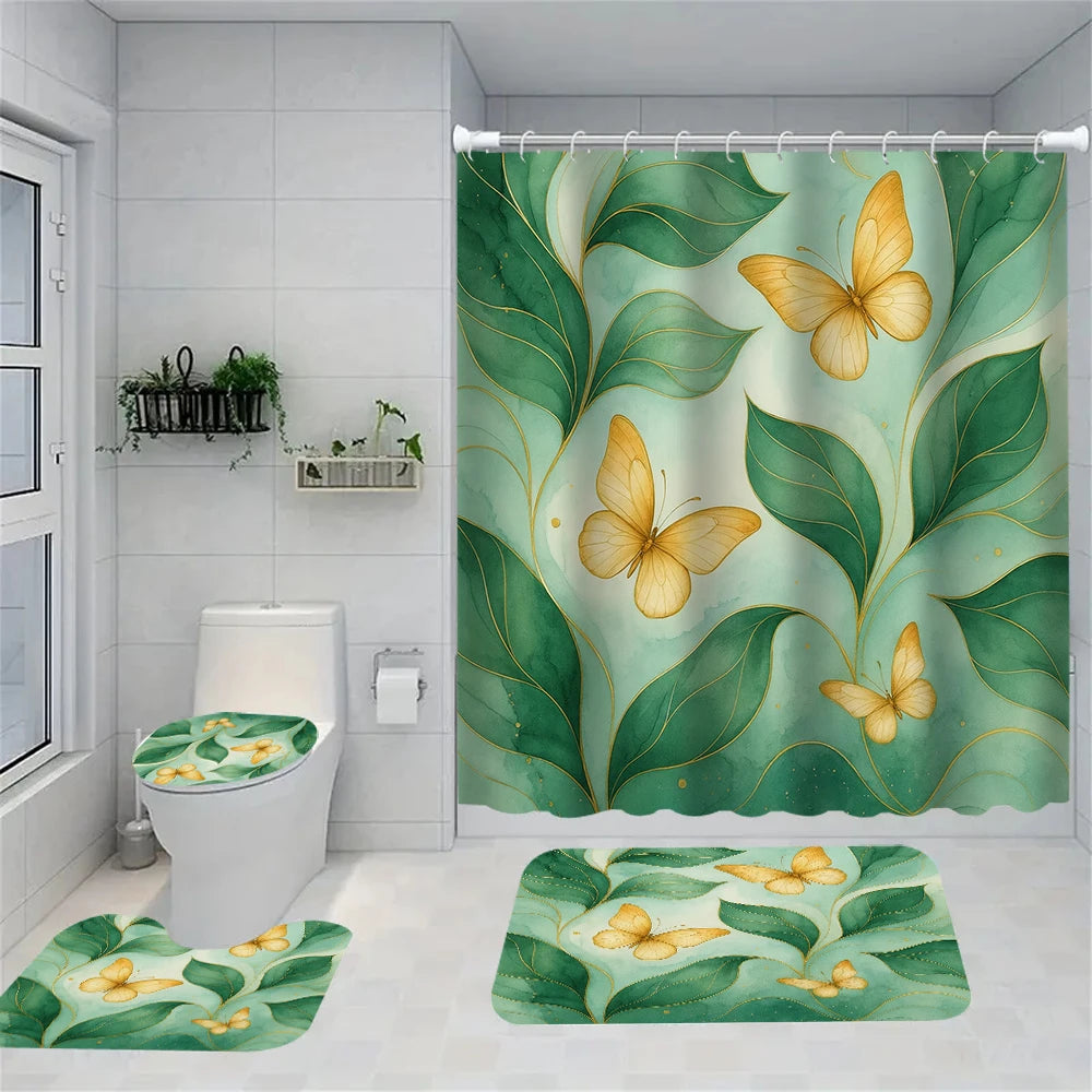A bathroom shower curtain set featuring a green leaf pattern, a rug, and a toilet cover.