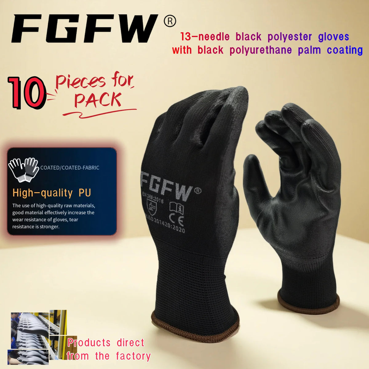 A pair of black polyester gloves with black polyurethane palm coating shown against a light background.