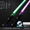 A black lightsaber with a bright neon glow, showing various features like light effects and gravity sensing.