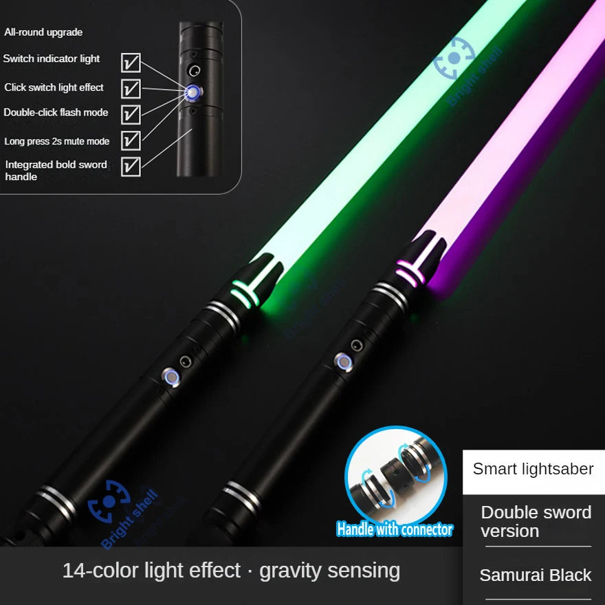 A black lightsaber with a bright neon glow, showing various features like light effects and gravity sensing.
