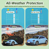 A black all-weather car cover is shown protecting a blue VW Beetle on a rocky coast, with comparison charts for UV protection