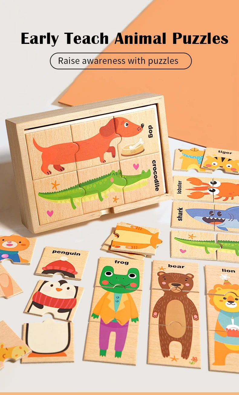 A wooden puzzle set featuring various animals like a dog, crocodile, penguin, frog, bear, and lion for early learning.