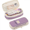 A light purple fabric pencil case with a clear window showing various writing instruments and accessories.