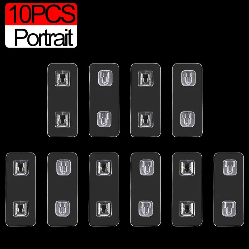 Ten transparent adhesive wall portrait hooks for display