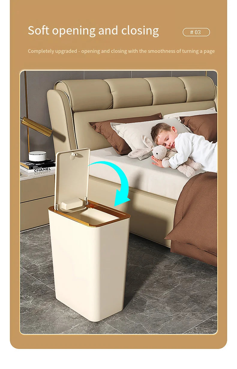 A close-up of a soft opening and closing mechanism for a pop-up slim trash can with a one-touch lid.