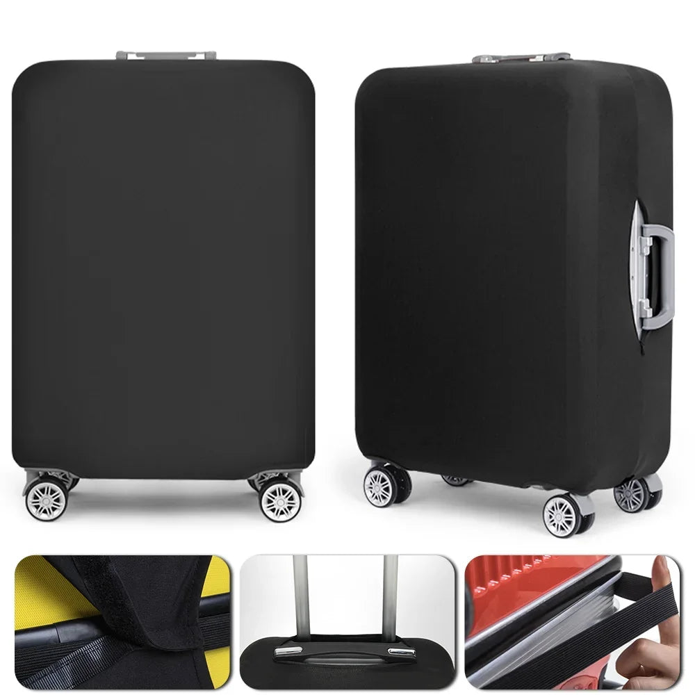 Black elastic luggage protector cover with a letter print shown from multiple angles.