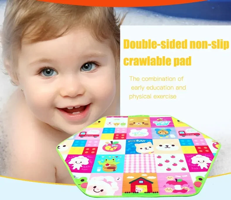A double-sided non-slip crawlable pad for early education and physical exercise.