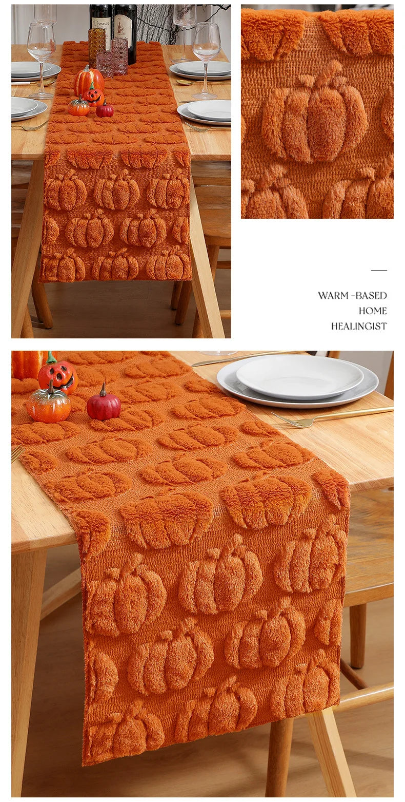 Orange felt table runner with pumpkin designs for Halloween and Thanksgiving