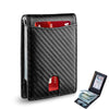 A black carbon fiber wallet with a flap open, showing a red card inside and a stack of cash.