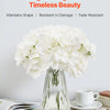 A bouquet of white silk hydrangea flowers displayed in a clear glass vase on a white surface.