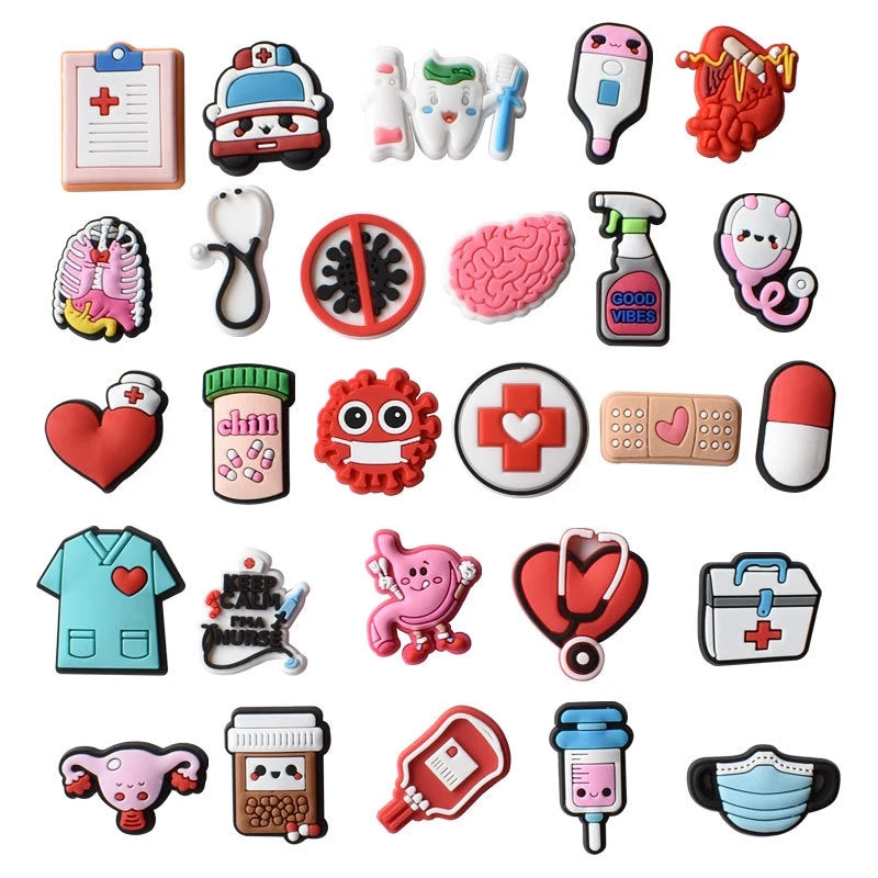 A collection of colorful PVC pins and charms designed for decorating clogs, sandals, and shoes.