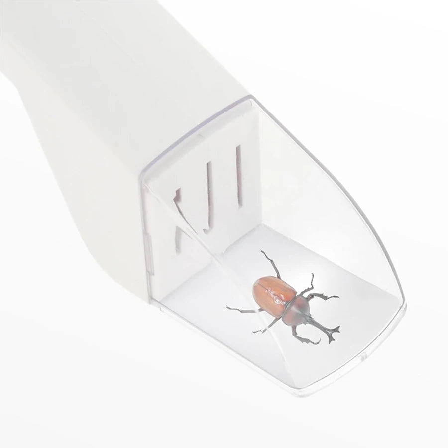 A white humane insect catcher and viewer with a clear window showing an insect.