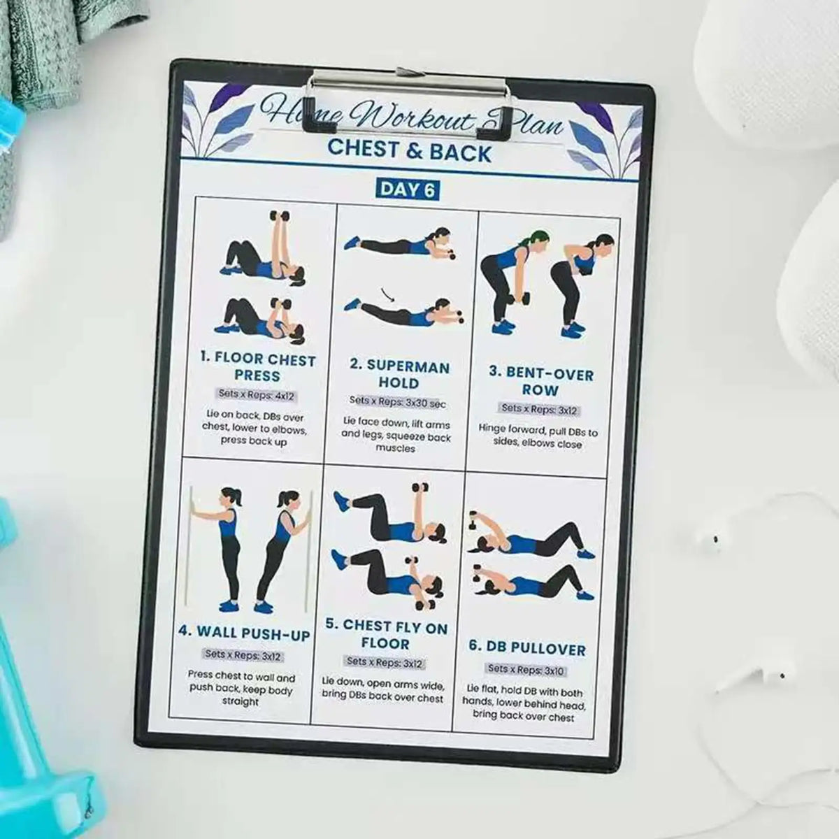 A fitness plan poster titled Day 6 Chest & Back featuring various exercises like floor chest press and superman hold.