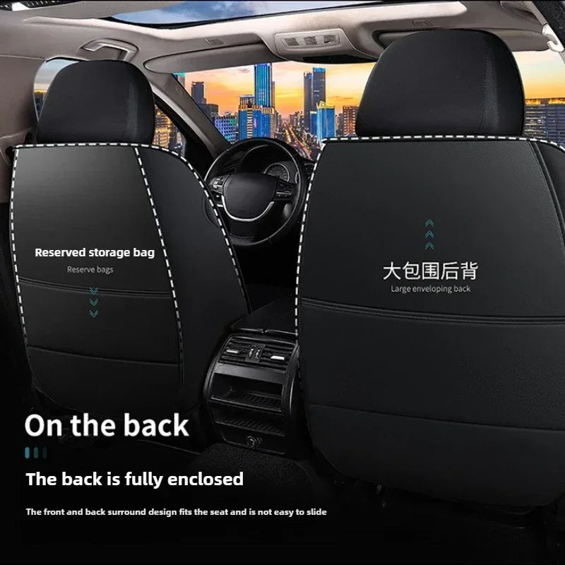 Interior view of a car seat with black covers, showing reserved storage bags and fully enclosed back protection.
