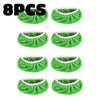 Eight reusable green microfiber mop refill pads in a circular shape.