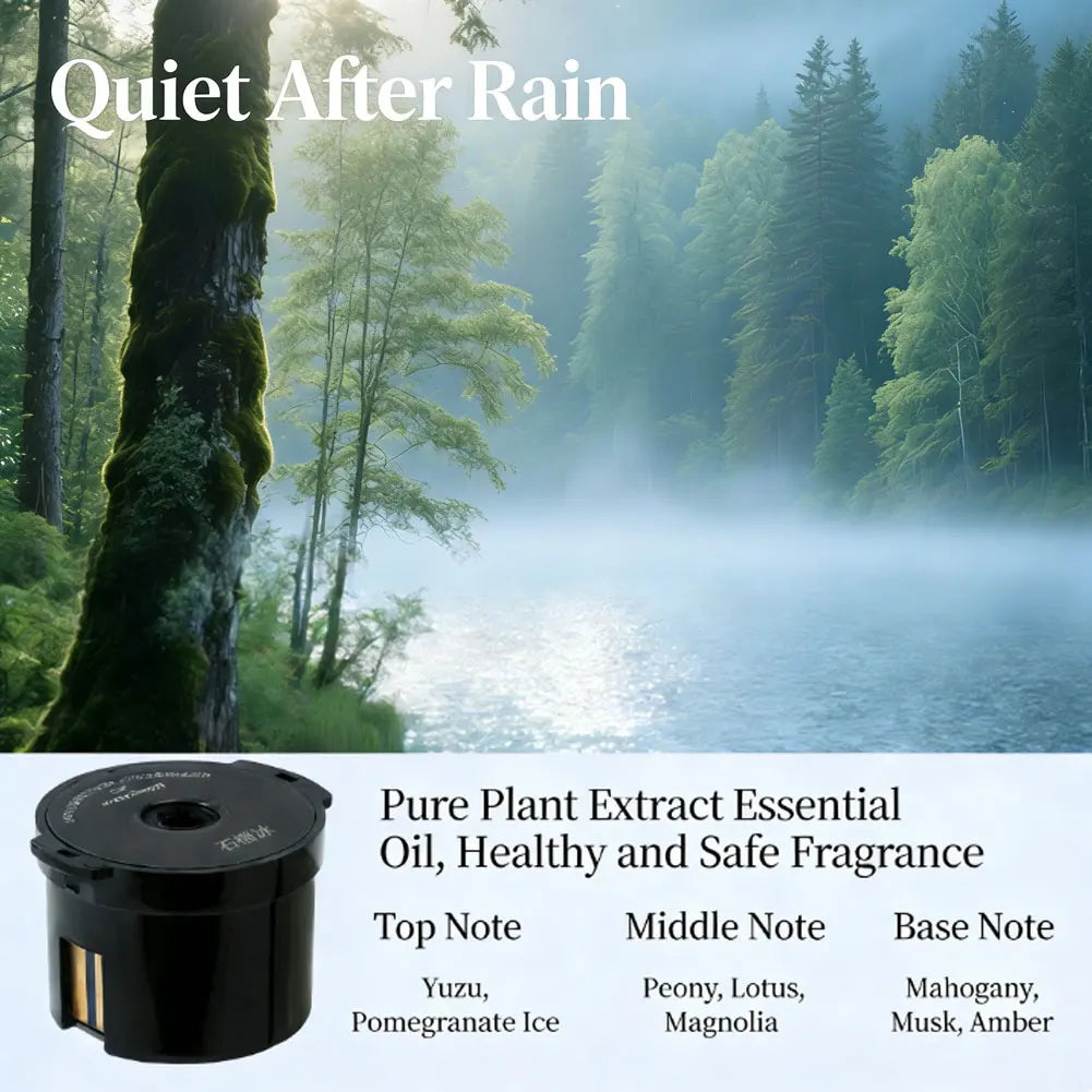 Black smart car diffuser with ambient light and auto mist, featuring Yuzu, peony, lotus, magnolia, mahogany, musk, and amber 