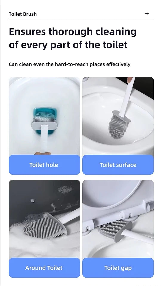 A wall-mounted toilet brush set showing various cleaning applications including the toilet hole, surface, around the toilet, 