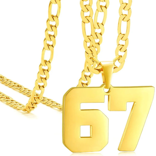 A gold stainless steel sports number necklace featuring the number 67.