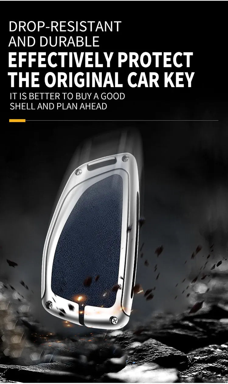 A close-up view of a drop-resistant car key housed in a durable zinc alloy and leather case.