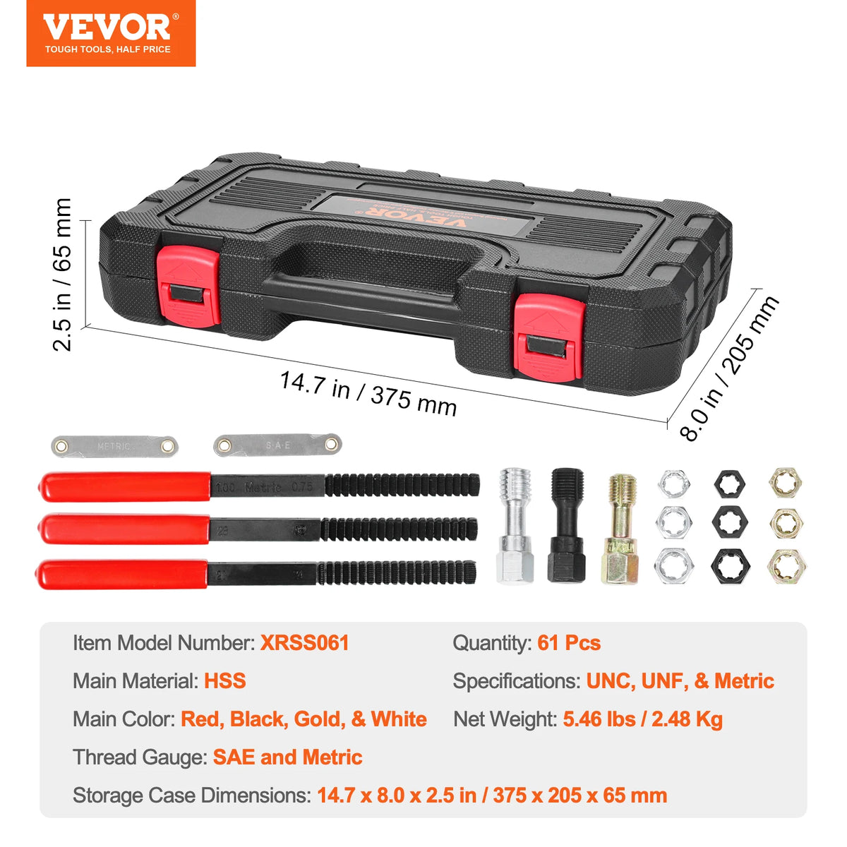 A black tool case containing a 61-piece thread repair kit for UNC, UNF, and Metric threads.