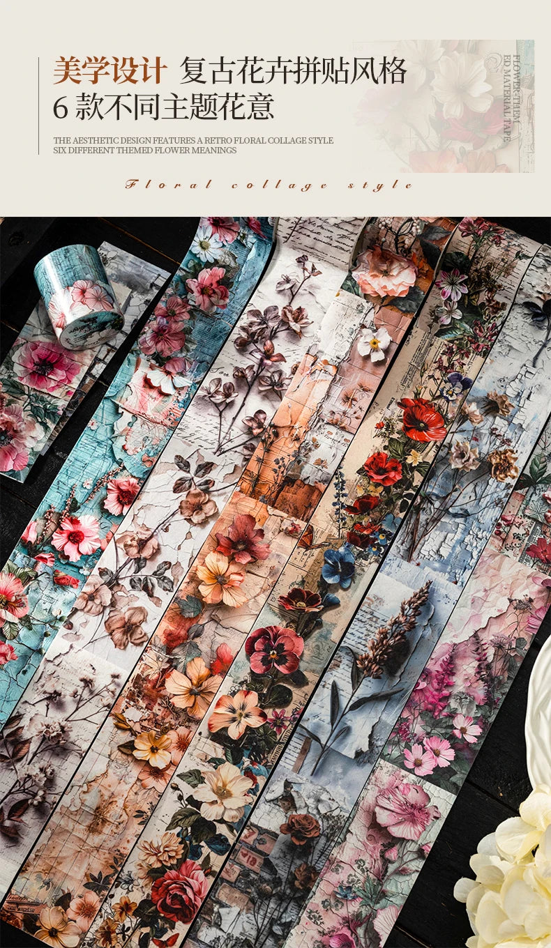 A collection of floral collage style botanical washi tapes featuring various pink, red, and cream flowers and foliage.