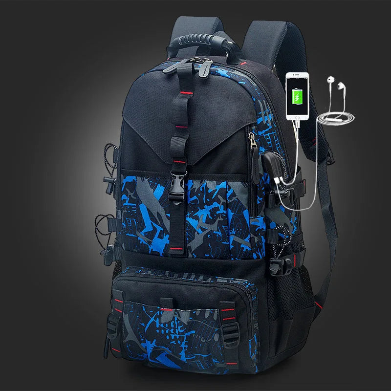 A dark blue travel backpack featuring an outer camouflage pattern, equipped with a laptop sleeve and a shoe compartment.