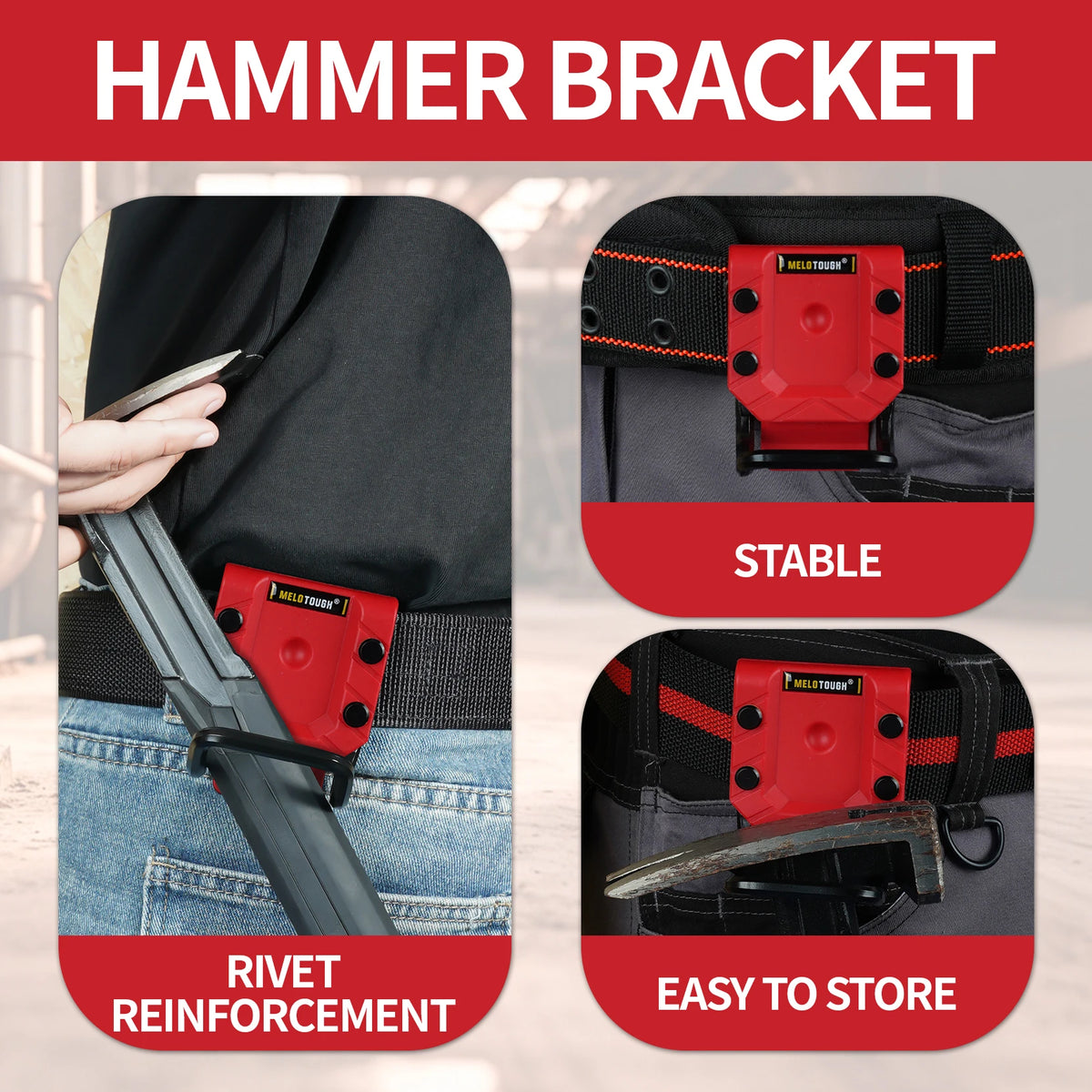 A red hammer bracket tool for rivet reinforcement shown in close-up against a dark fabric and denim background.