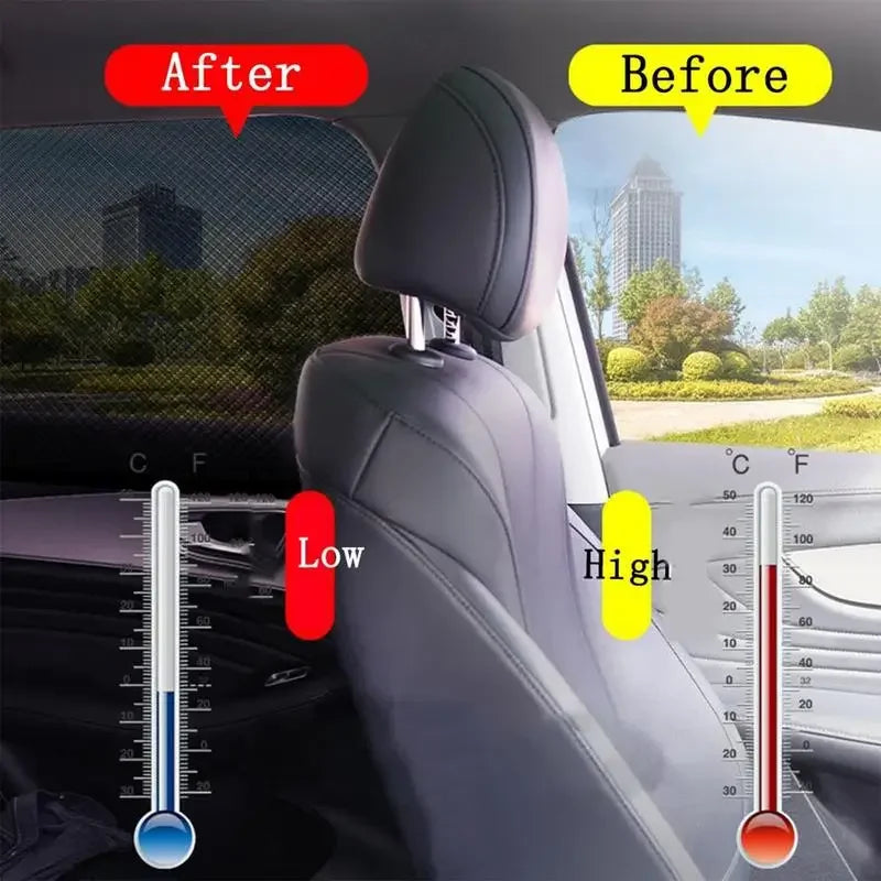 Comparison showing car window mesh sun shade covers before and after installation for insect and UV protection