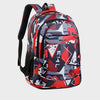 A versatile 16-inch laptop backpack featuring a geometric pattern in navy blue, red, and gray.