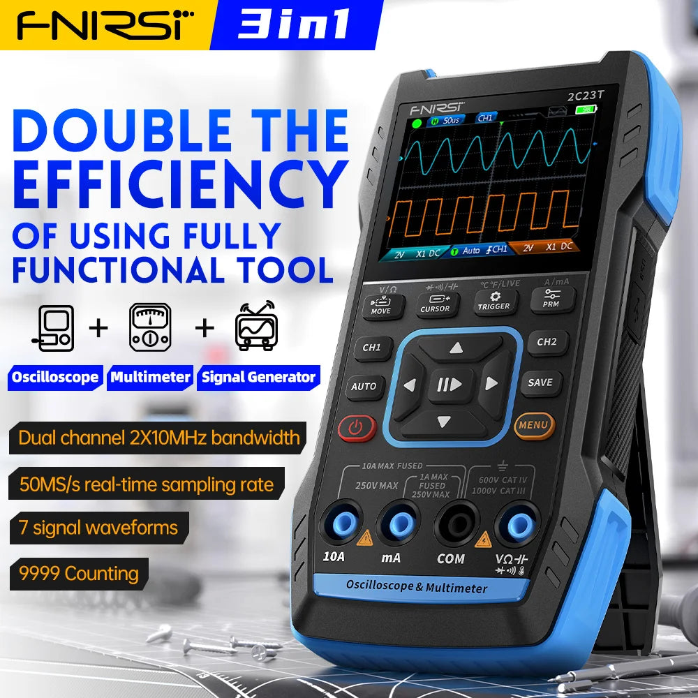 A black and blue FNI RSI 3in1 tool featuring an oscilloscope, multimeter, and signal generator functions.