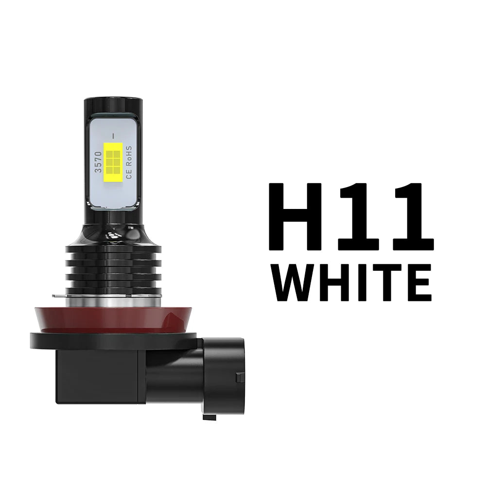 H11 White LED fog and DRL bulbs shown with a black base and yellow light.