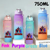 A set of three 750ml portable sports water bottles in pink, purple, green, and blue colors.