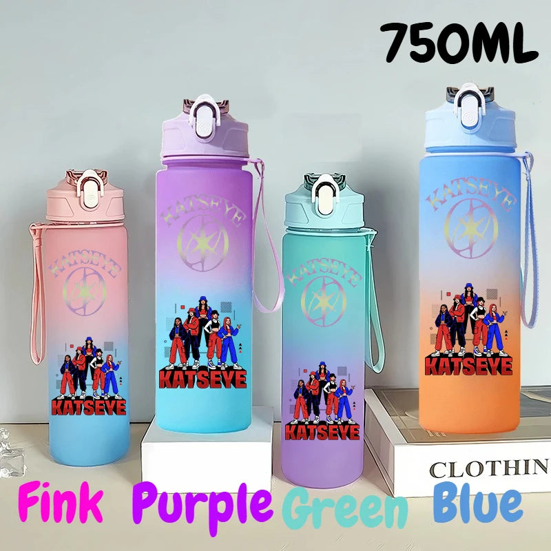 A set of three 750ml portable sports water bottles in pink, purple, green, and blue colors.