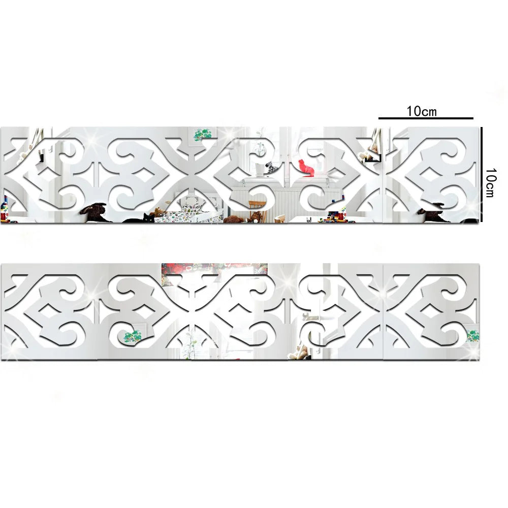 White acrylic mirror wall stickers featuring decorative scrollwork patterns for borders and edges.