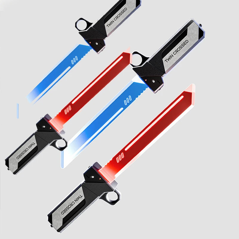 A set of twin-crossed light-up sword and axe toys with red and blue blades.