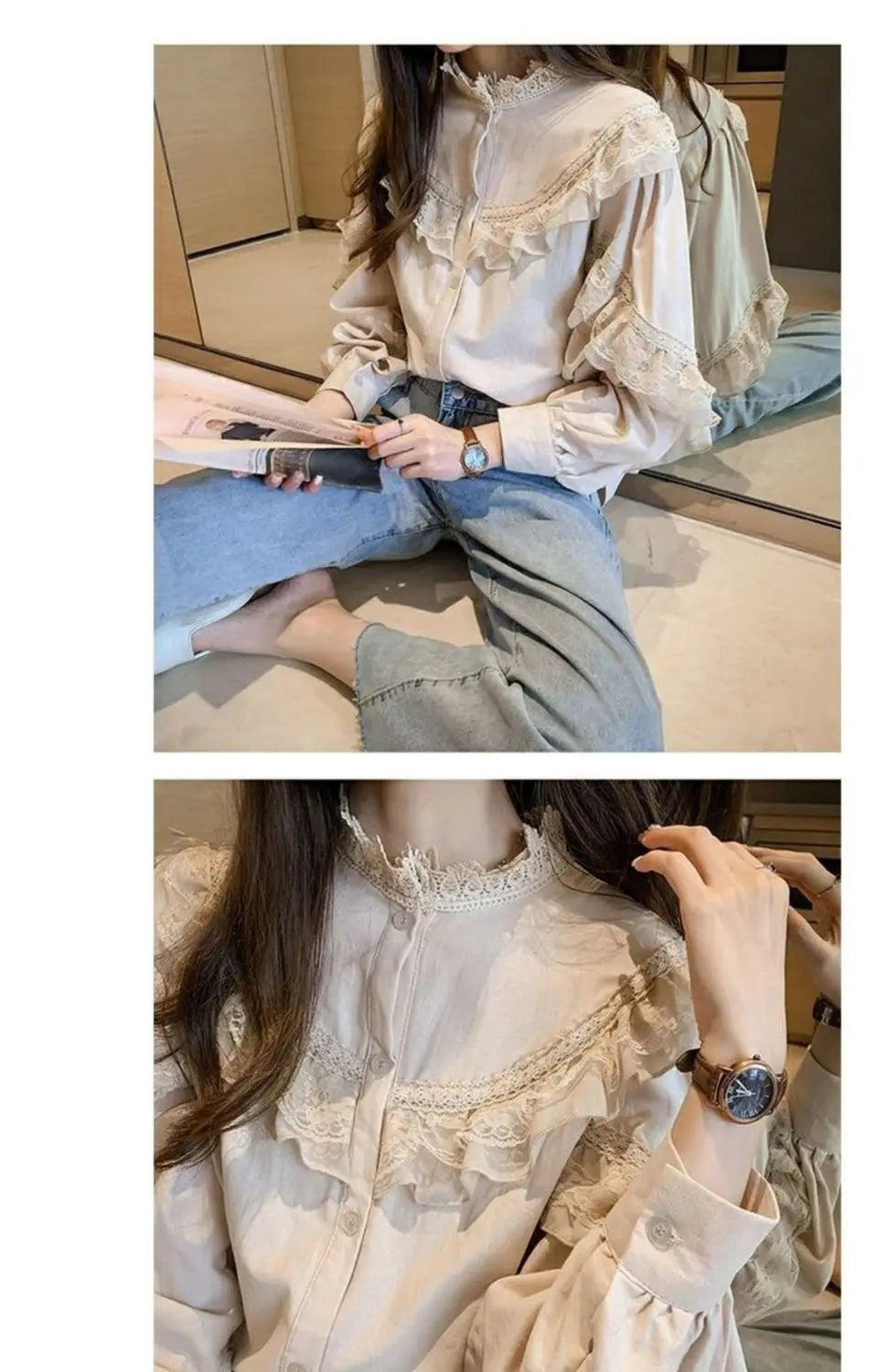A woman models a beige vintage lace long sleeve blouse and jeans.