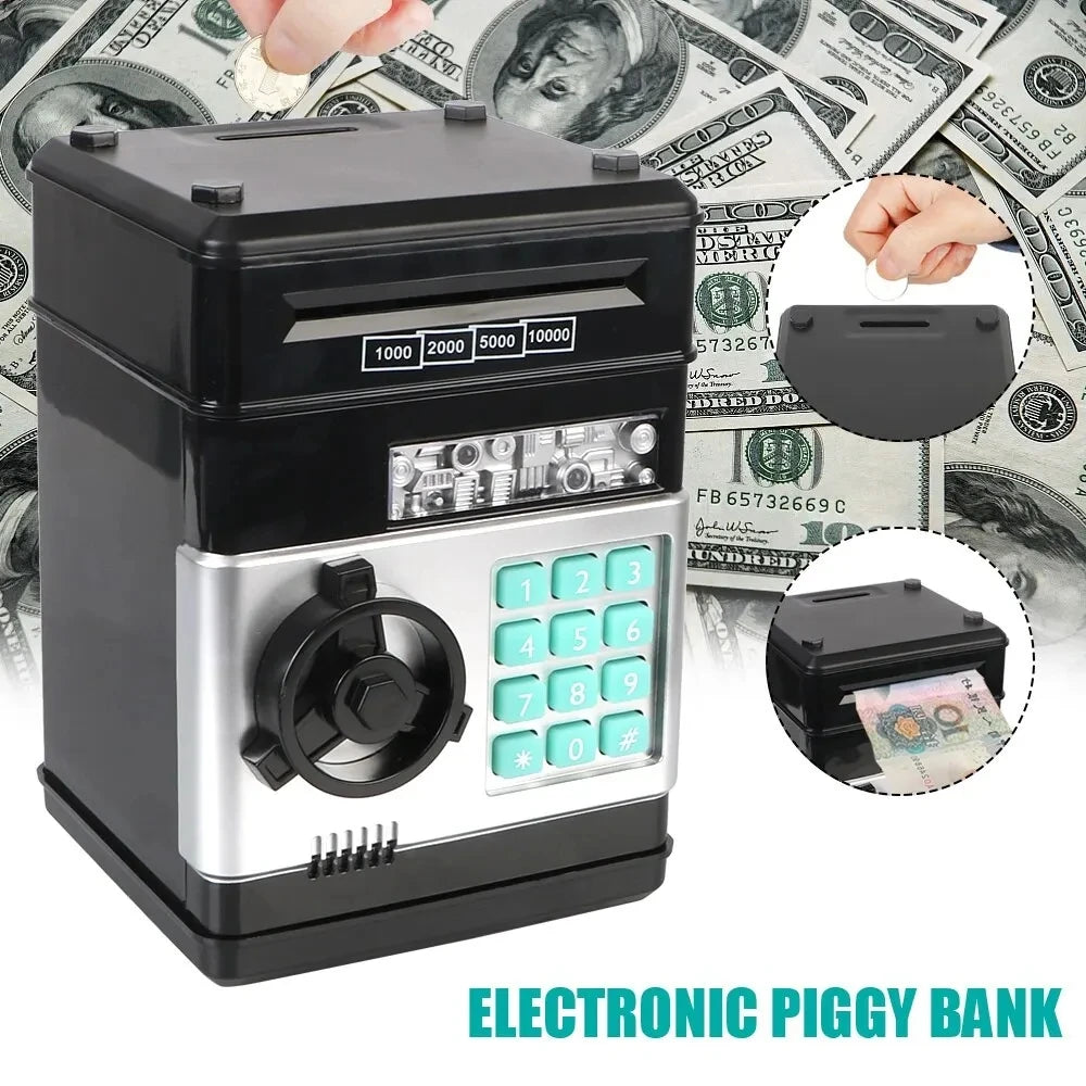 A black electronic piggy bank with a silver dispenser and keypad is shown next to US currency.