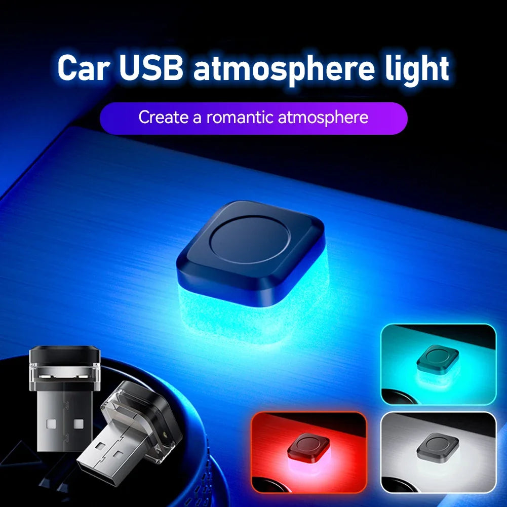 A compact blue LED light is shown installed in a car, illuminating the interior with a romantic atmosphere.