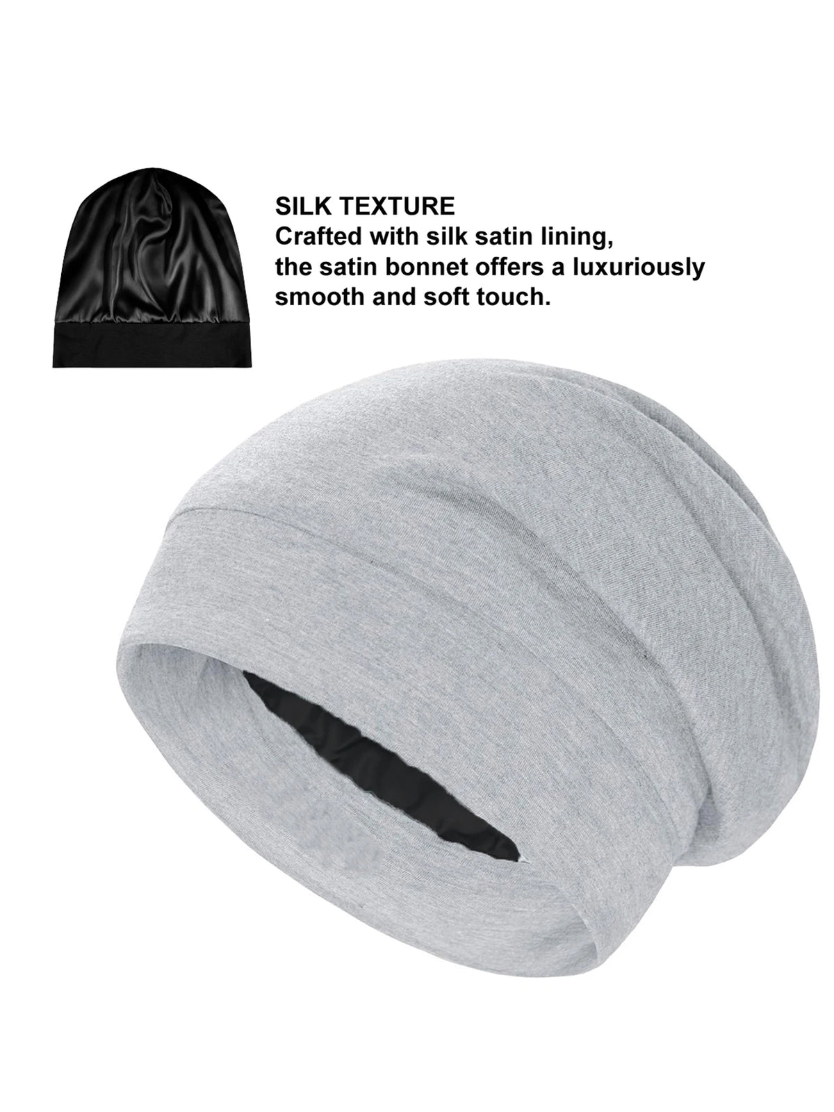 A light gray silk satin sleep bonnet rolled up, showing the smooth texture and soft finish.
