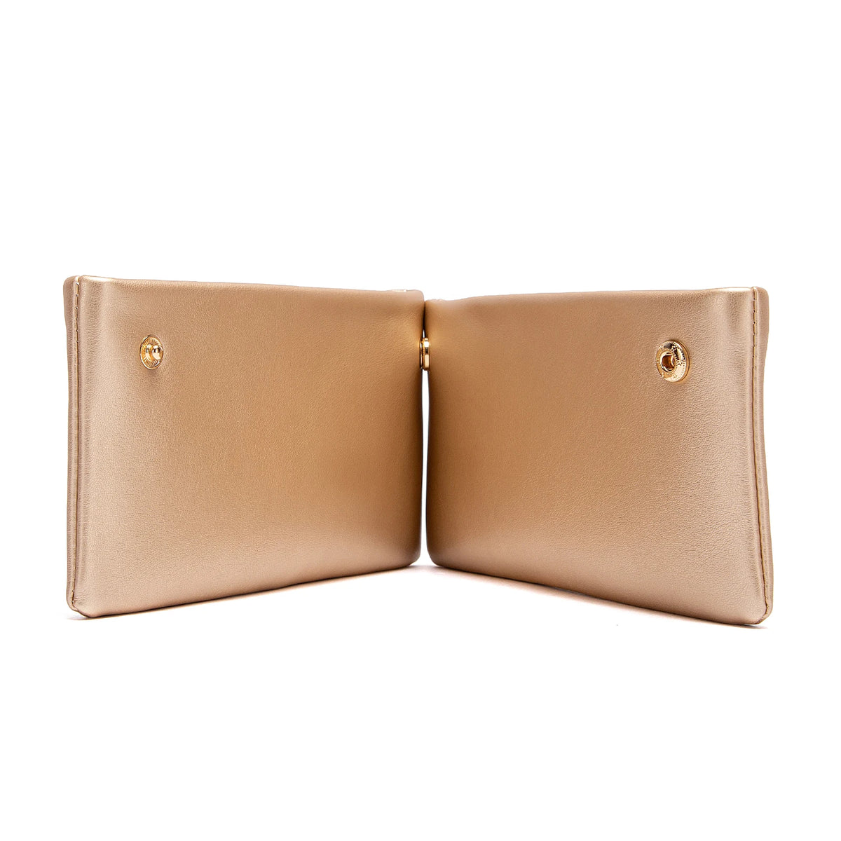 A tan leather compact zipper wallet and clutch displayed side by side.
