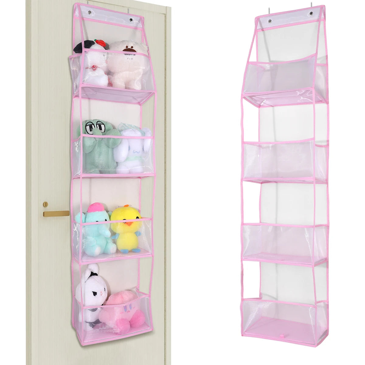A pink over-the-door hanging organizer with clear compartments for storing small items.