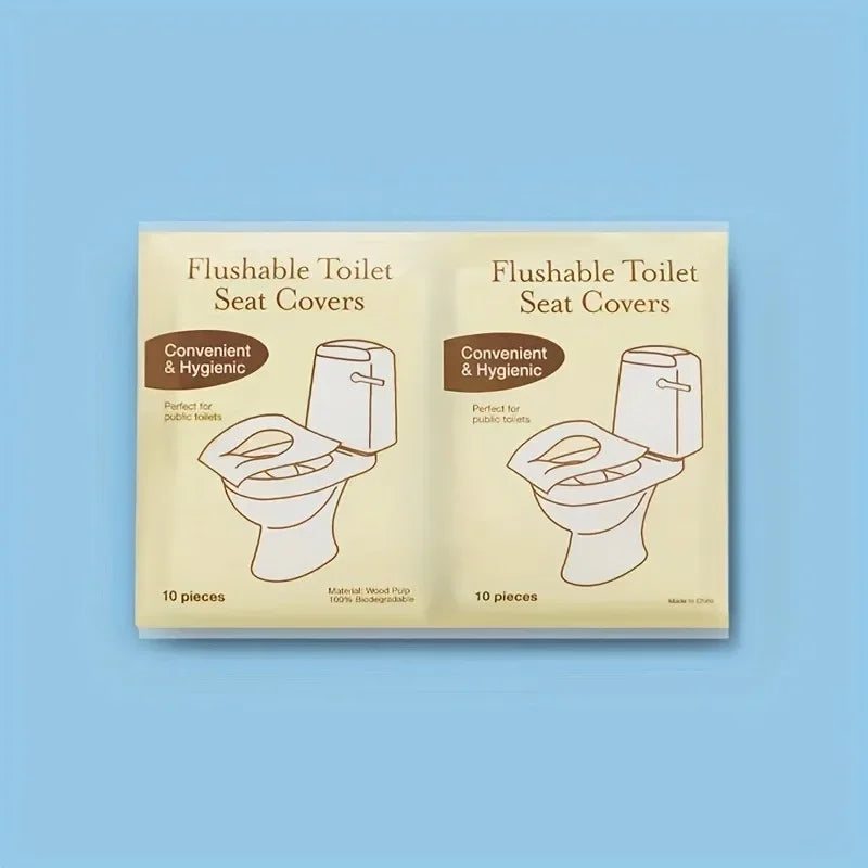 A package of 10 disposable flushable toilet seat covers for convenient and hygienic use.