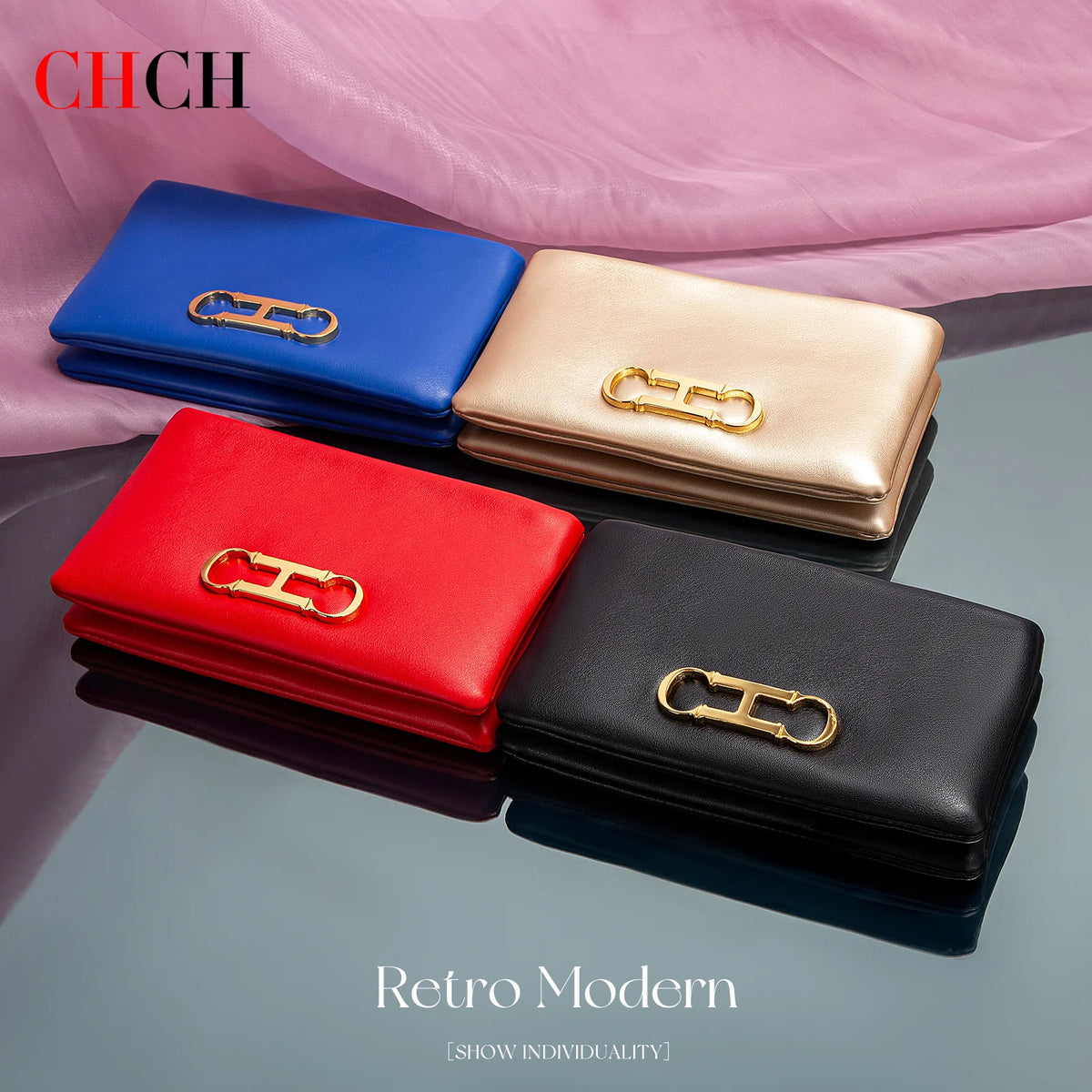 A collection of four leather wallets and clutches in blue, beige, red, and black with gold zippers.