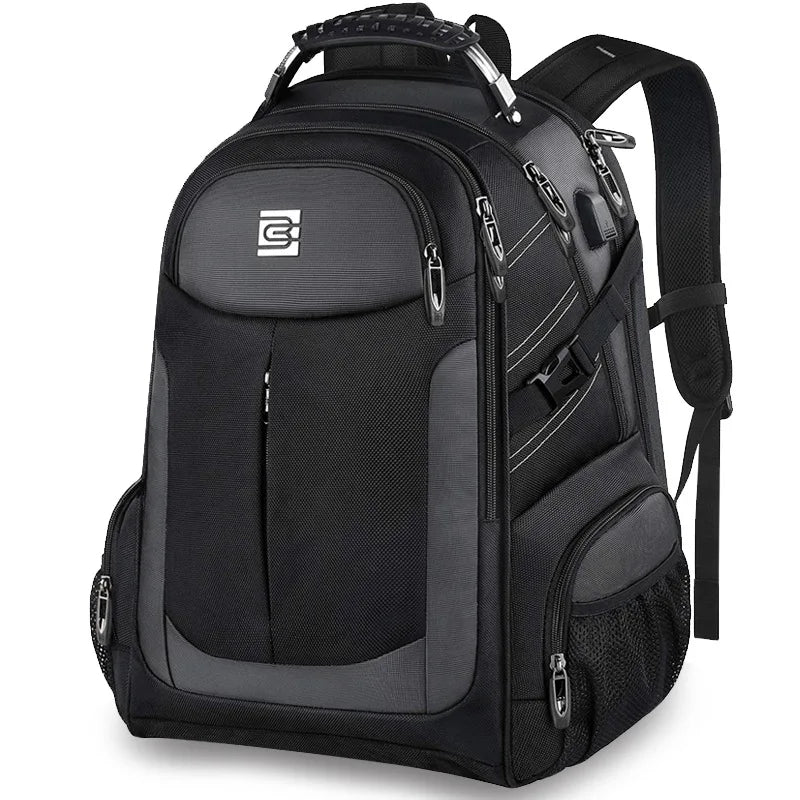 A black large capacity waterproof laptop backpack with multiple compartments and adjustable straps.