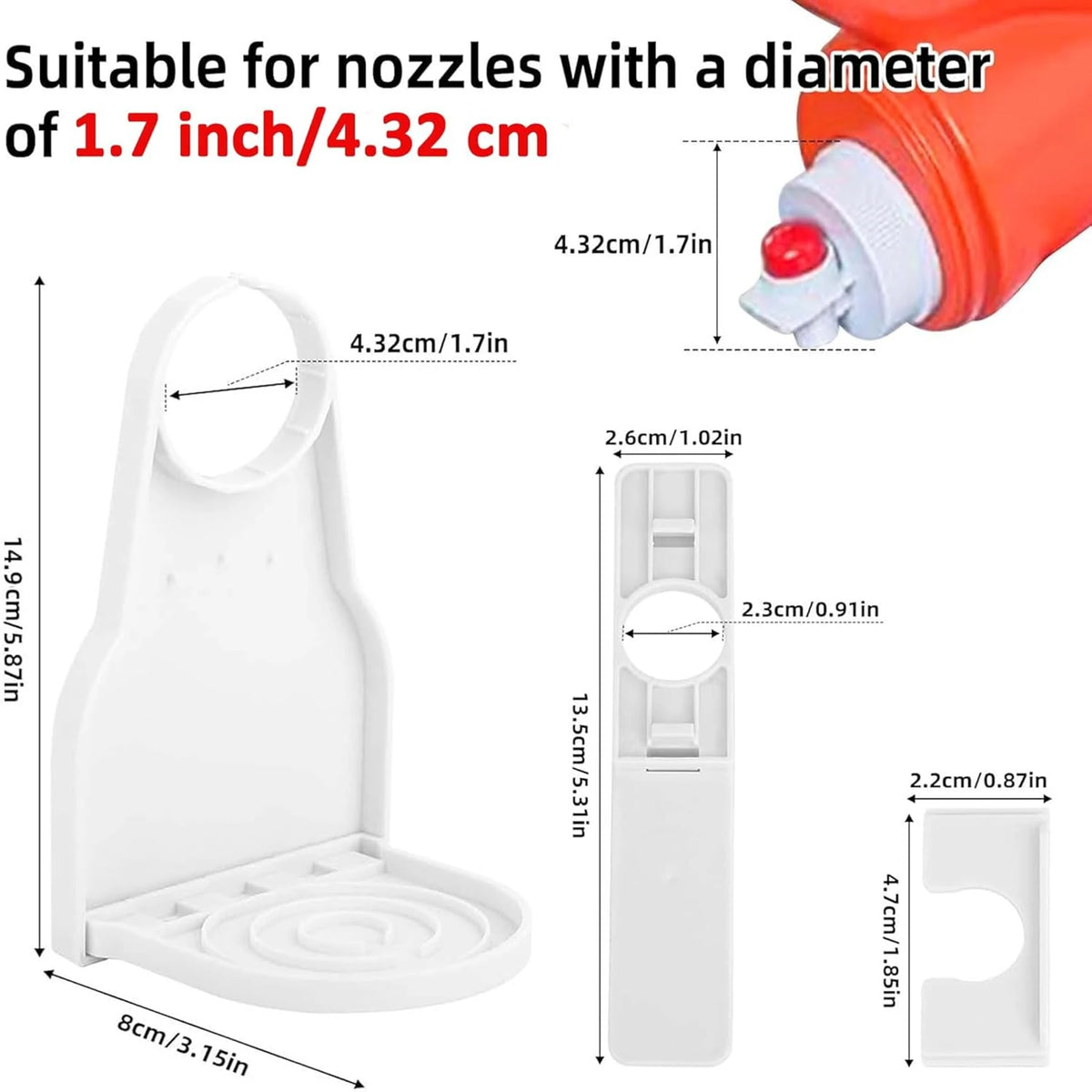 White laundry detergent cup holder with a drip tray and a fitting for nozzles with a 1.7 inch diameter