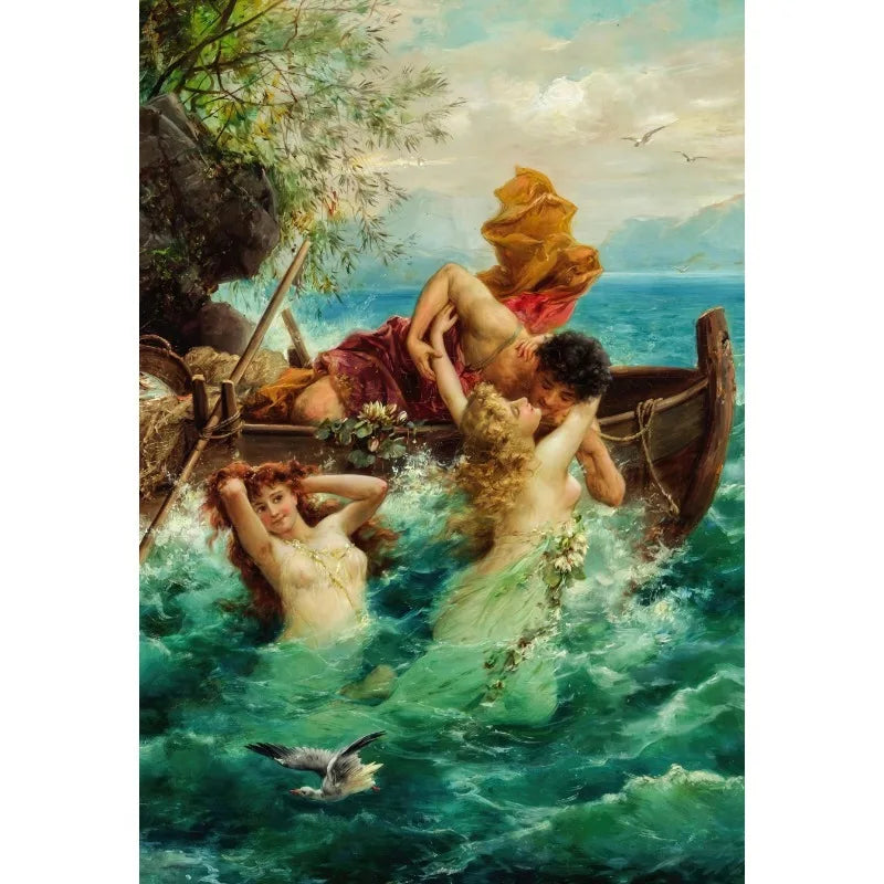 An oil painting depicting a figure in a boat amidst turbulent green water and a bright sky.