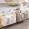 A beige hanging storage bag organizer with cotton pockets and a small stuffed animal on a wooden shelf.